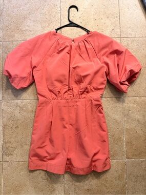 Coral Puff-Sleeve Romper with open back